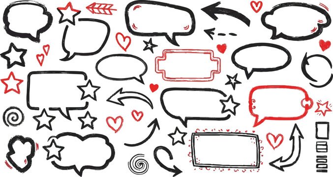 Colorful hand drawn scribble speech bubbles and thought clouds vector set with crayon texture sketch style for creative communication and social media design