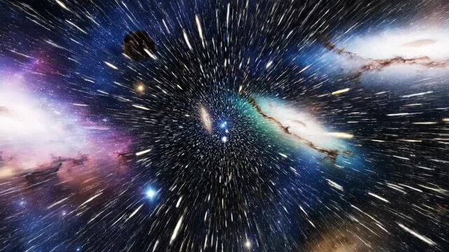 Motion blur of stars and light trails in deep space featuring distant spiral galaxies, vibrant nebulae, and a dark cratered asteroid floating in the center of the starfield.