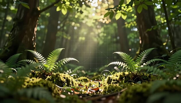 A forest glade covered with green ferns is surrounded by trees. Sunlight filters through the foliage, creating a soft illumination.