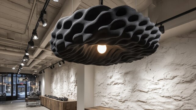 Unique organically shaped gray ceiling light fixture with a rippled texture casting warm illumination