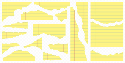 Yellow legal pad ripped paper for office. Textured vector notebook pieces of striped sheets with torn edge. Collage set with strokes for banner design and scrapbooking. © Chorna_L