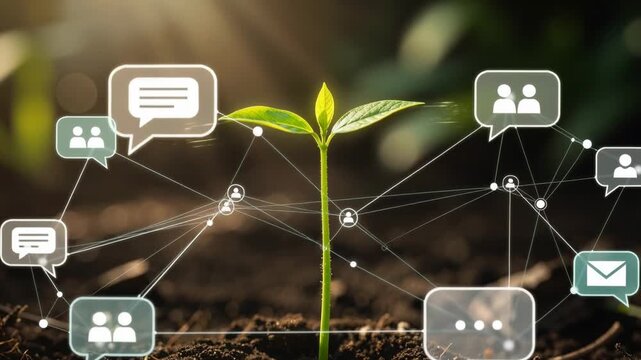 Young green plant sprouting in soil with digital social network communication icons overlay