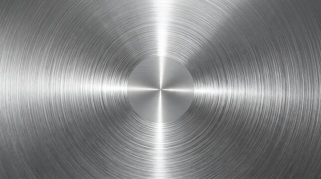 Abstract silver circular brushed metal texture with reflective radial light patterns and industrial feel