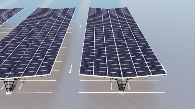 High-resolution 3D visualization of a contemporary solar carport design. The image shows multiple rows of parking spaces covered with photovoltaic panels on a clean concrete surface. Ideal for themes 