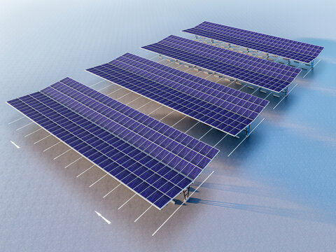 High-resolution 3D visualization of a contemporary solar carport design. The image shows multiple rows of parking spaces covered with photovoltaic panels on a clean concrete surface. Ideal for themes 