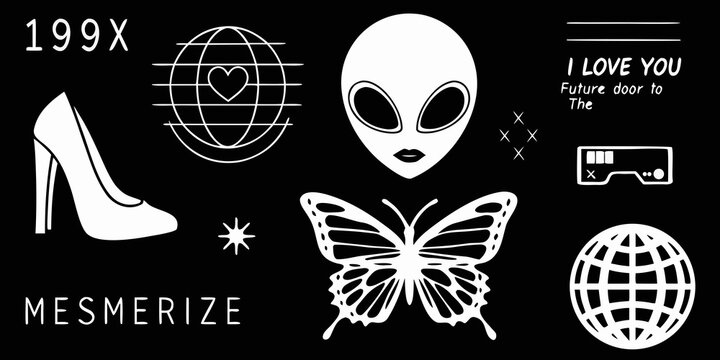 A collection of white pop culture inspired illustrations on a black background