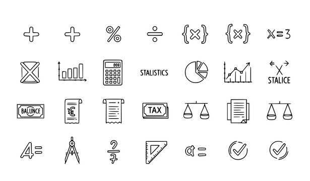 Outline calculation icons vector collection with thin line math symbols for finance analytics and education design