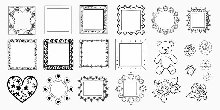 Collection of vintage style black and white frames heart bear and flowers