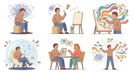 Fototapeta premium Mental health illustrations show people coping with anxiety through art therapy and support