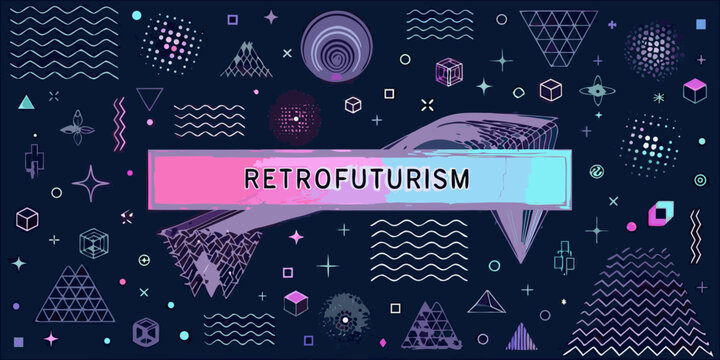 A retrofuturism themed background with abstract shapes and glowing elements