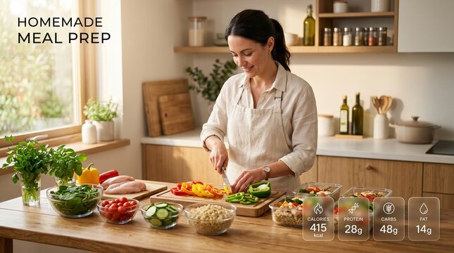Woman prepping healthy homemade meals in a bright, modern kitchen. Diverse containers with colorful ingredients arranged on a wooden countertop.