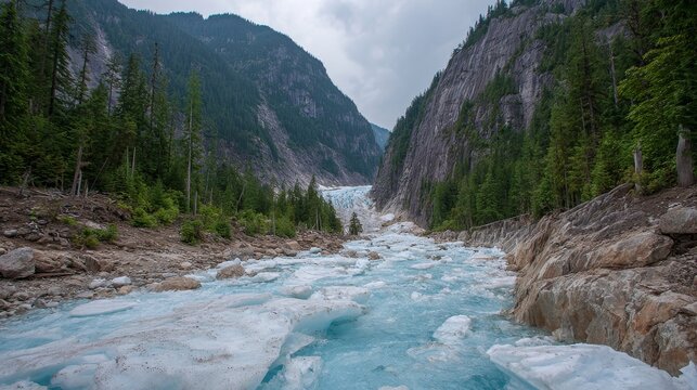 Glacial meltwater stream with floating ice floes flowing through a majestic mountain valley under cloudy skies