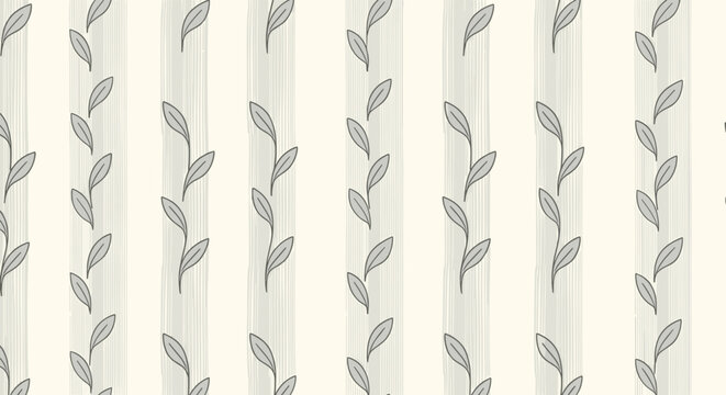 Classic seamless pattern features vertical grey leafy vines on a light beige textured background with subtle vertical stripes.