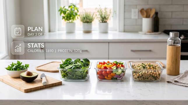 Meal Prep: Fresh Ingredients and Healthy Food in Containers on Kitchen Countertop, Ready for Healthy Eating and Diet Planning