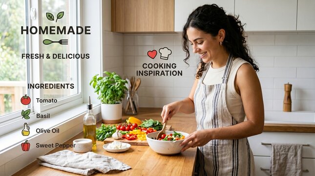 Smiling Woman Preparing Fresh Homemade Salad in a Bright, Modern Kitchen - Cooking Inspiration and Healthy Eating Concept
