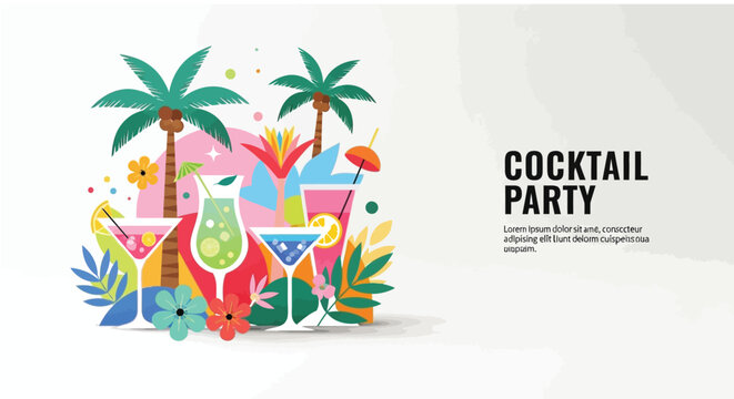 Vibrant summer cocktail party vector graphic illustration featuring refreshing tropical mixed drinks served in elegant glasses with citrus fruit garnishes and tiny umbrellas surrounded by stylized pal