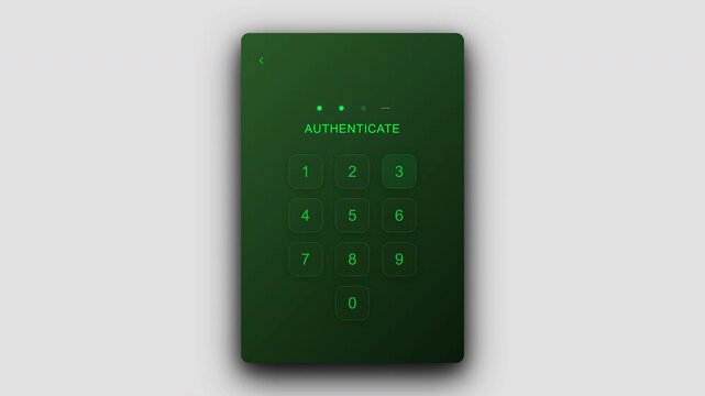 Secure authenticate screen featuring green glowing numeric keypad with horizontal dash input indicators for professional cyber security software login 4K UHD