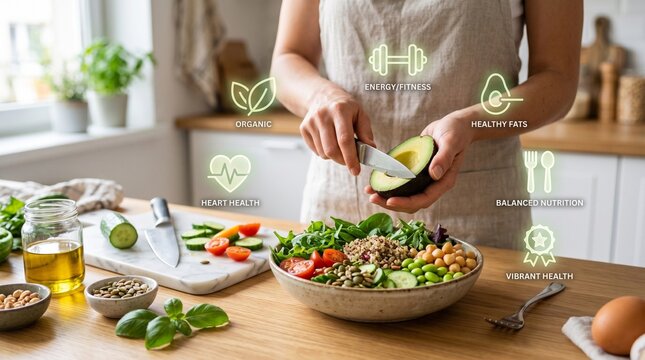 Healthy eating lifestyle, woman preparing a vibrant avocado salad with fresh ingredients and icons representing wellness, nutrition, and fitness. Diet and wellbeing concept.