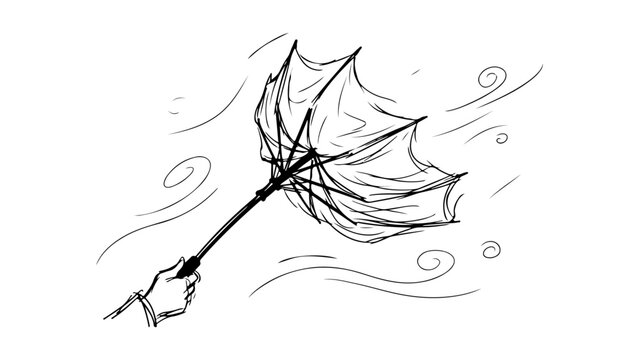 hand-drawn umbrella blown inside-out by wind sketch vector illustration on white background