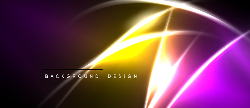 Abstract neon lights create dynamic curves, gradients. Dark background emphasizes vibrant yellow, purple hues. Modern design element.