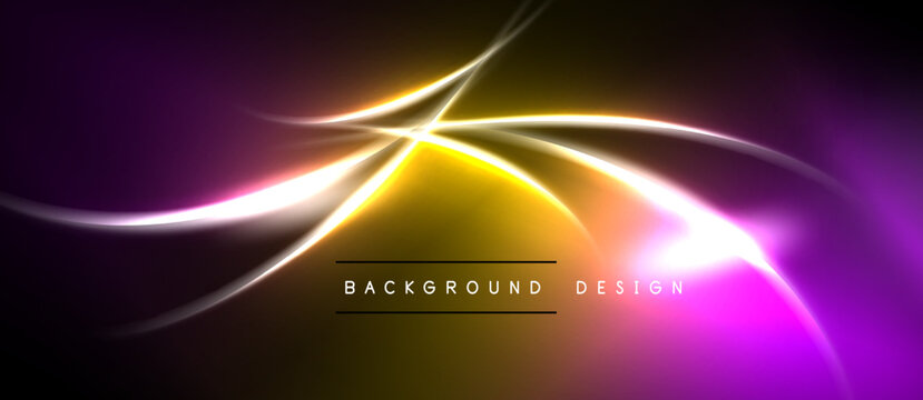 Abstract vibrant background. Flowing lines create dynamic light effect. Purple, yellow, white hues dominate composition. Modern design element.