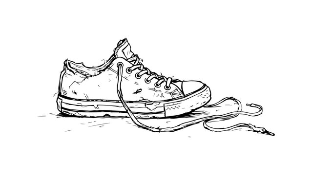 hand-drawn black and white sketch of a worn sneaker with untied laces, scuffed toe and relaxed casual vibe, black and white illustration of a badly used sneaker