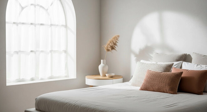 Serene Minimalist Bedroom Corner with Arched Window, Neutral Bedding, and Soft Natural Light &ndash; Cozy Contemporary Home Interior room, bed, hotel, interior, apartment, architecture, bedroom