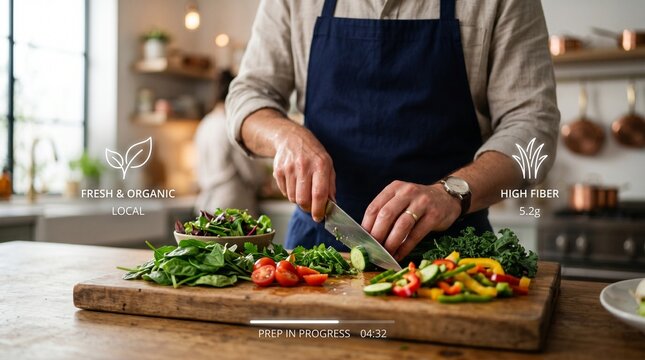 Chef preparing fresh vegetables on a cutting board in a modern kitchen. Healthy eating and cooking concept.