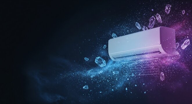 Air conditioner releasing cool air in abstract neon background  