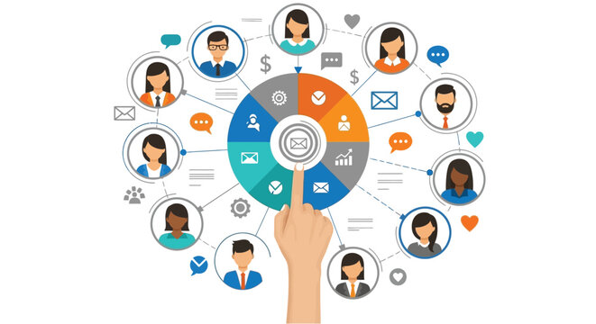 A finger points to a central hub in a circular network graphic connecting diverse professional avatars, icons of mail, chat, finance, and statistics, illustrating digital commrk