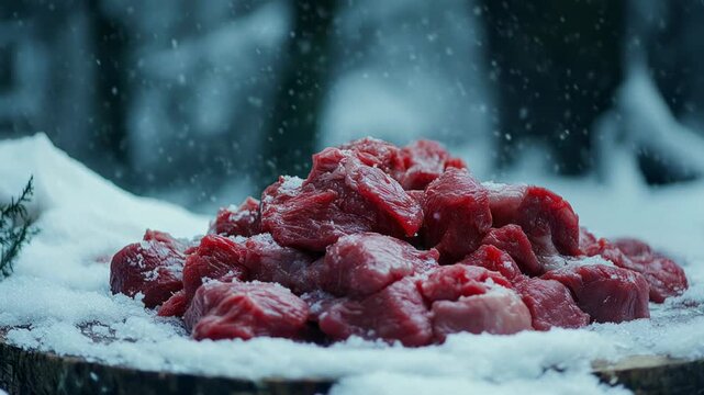 Pile of fresh diced meat getting covered by falling snow in a cold winter forest