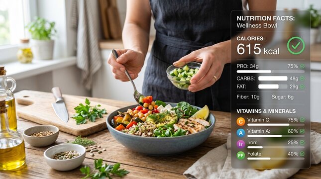 Woman Preparing Healthy Food Bowl with Augmented Reality Nutrition Facts Overlay