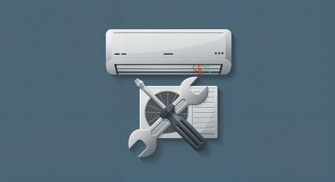 Air conditioner with tools indicating maintenance and repair concept  