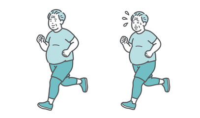 Fototapeta premium ジョギングをするぽっちゃり体型のシニア男性の比較セットイラスト