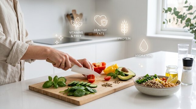 Close-up of a person preparing a healthy meal in a modern kitchen, chopping fresh vegetables and ingredients for a vibrant salad.