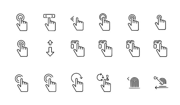 Mobile gesture icons editable stroke line style tap swipe zoom vector illustration isolated