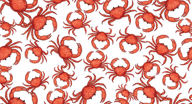 Playful seamless pattern showcasing numerous red crabs scattered across a clean white background in a random arrangement.