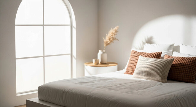 Serene Minimalist Bedroom Corner with Arched Window, Neutral Bedding, and Soft Natural Light &ndash; Cozy Contemporary Home Interior room, bed, hotel, interior, apartment, architecture, bedroom