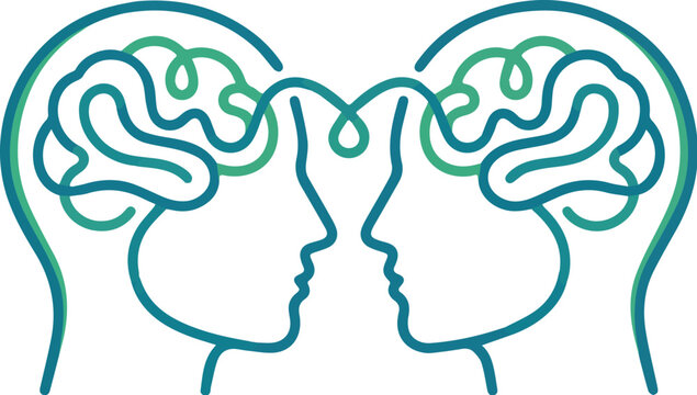 Two human heads profiles with connected brains line art illustration for empathy, communication, and mental health concept