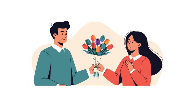 Young man presents a colorful bouquet of tulips to a surprised and happy woman during a romantic date or anniversary.