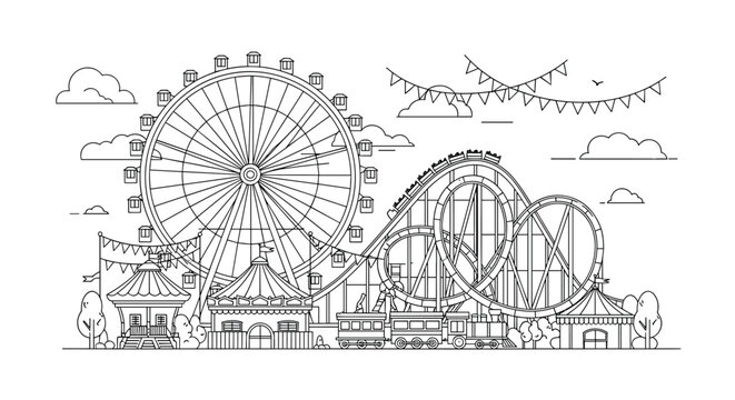 Detailed line art illustration of an amusement park featuring a large ferris wheel roller coaster and various festival stalls.