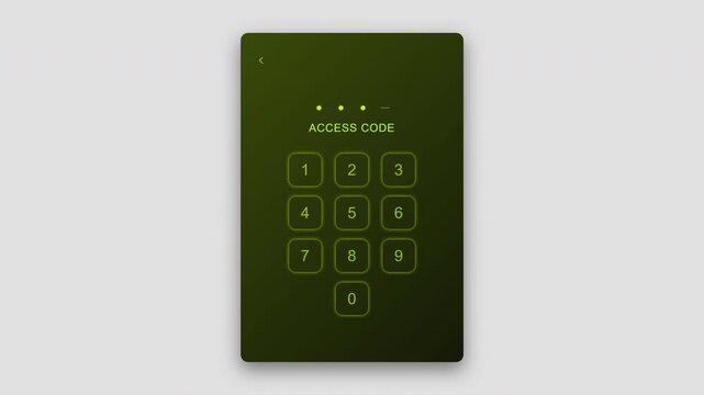 Digital access code entry screen featuring lime green neon numeric keypad with glowing interactive buttons for secure corporate login and identity check 4K UHD
