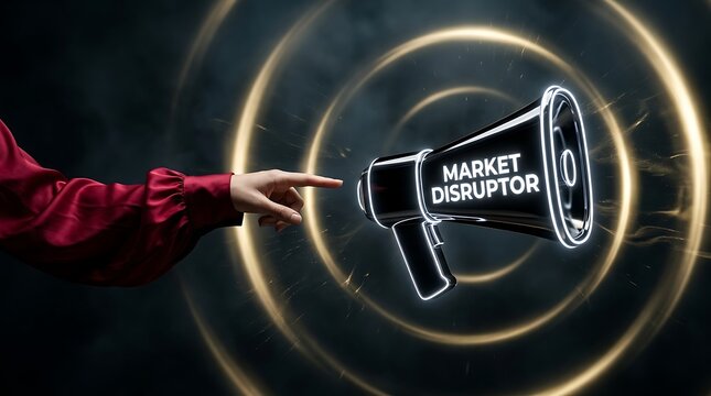 Business concept of market disruption with a megaphone and a hand pointing at it, symbolizing innovation and changing industry standards