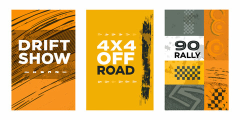 Three vertical banners advertising drift off road and rally events © Milton