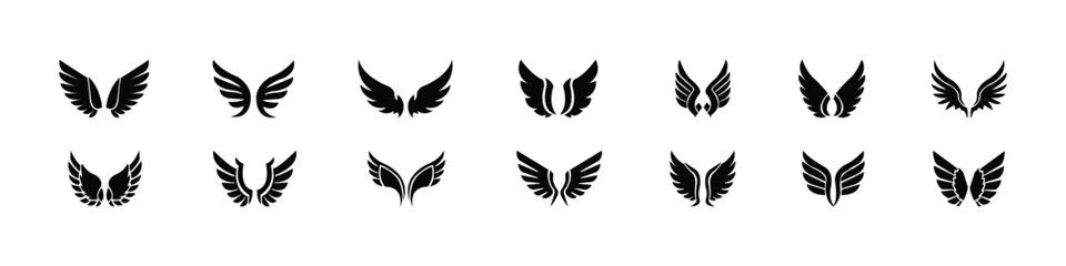 Fototapeta premium Angel wings icon vector set. Black feather wing silhouette collection, flying bird, phoenix symbols for logo design isolated on white background