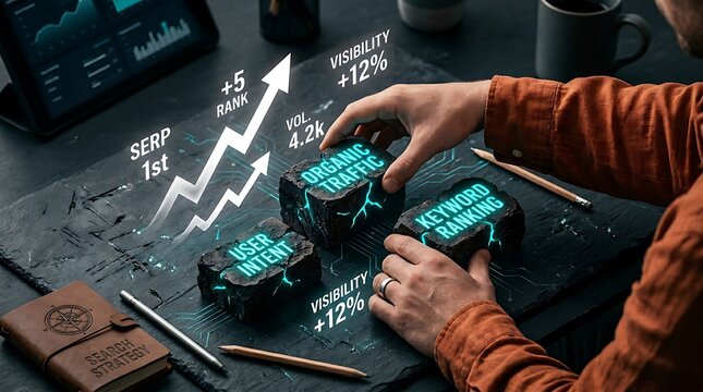 Digital marketing strategy concept with seo metrics and analytics, professional hands arranging glowing stone blocks representing organic traffic and ranking