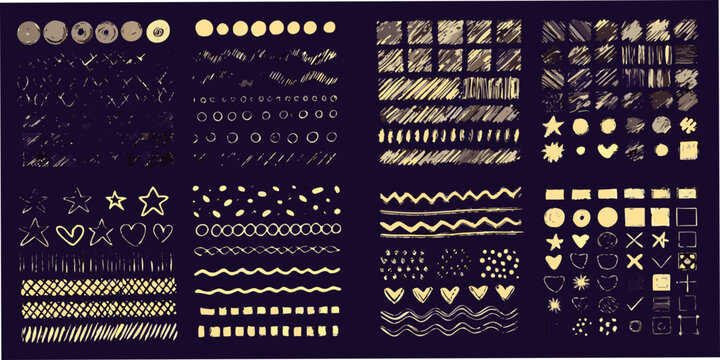 Collection of hand drawn golden doodle shapes and textures on dark background