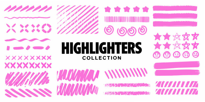 A collection of pink highlighter strokes shapes and the word highlighters
