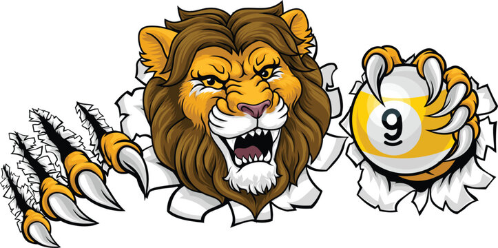 Lion nine ball pool billiards sports mascot holding a 9 ball cartoon illustration