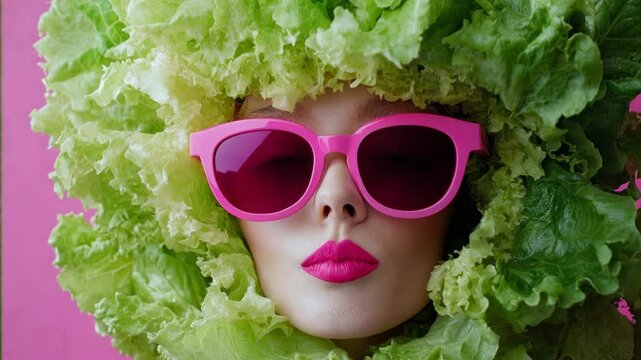 Glamorous woman with lettuce leaves hair and pink lipstick posing on a matching background